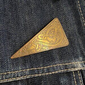 VINTAGE Viking Nordic Bar Engraved Dragon & Celtic Symbols Vintage Metal Brooch